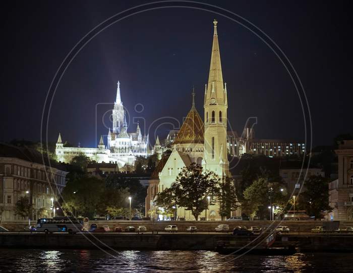 Calvinist And Matthias Churches Illuminated In Budapest