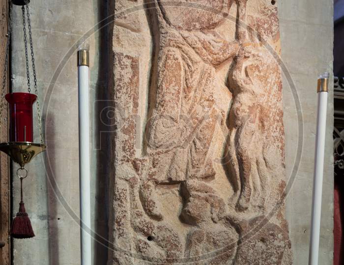 Bristol, Uk - May 14 : Harrowing Of Hell Anglo-Saxon Stonework In The Cathedral In Bristol On May 14, 2019