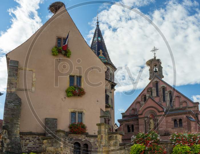 Chateau And St Leon Church In Eguisheim In Haut-Rhin Alsace France