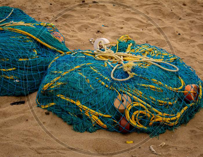 View Of Fishing Nets Used By Fishermen Ready For Use, Marina Beach, Chennai