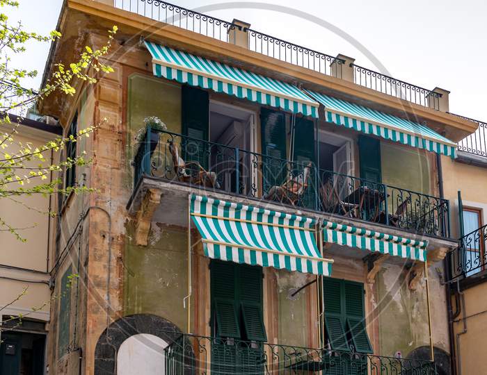 Monterosso, Liguria/Italy  - April 22 : Old Apartment Building In Monterosso Liguria Italy On April 22, 2019