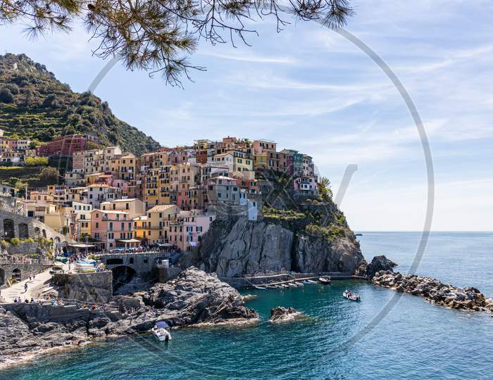 Manarola, Liguria/Italy  - April 20 : Coastal View Of Manarola Liguria Italy On April 20, 2019. Unidentified People