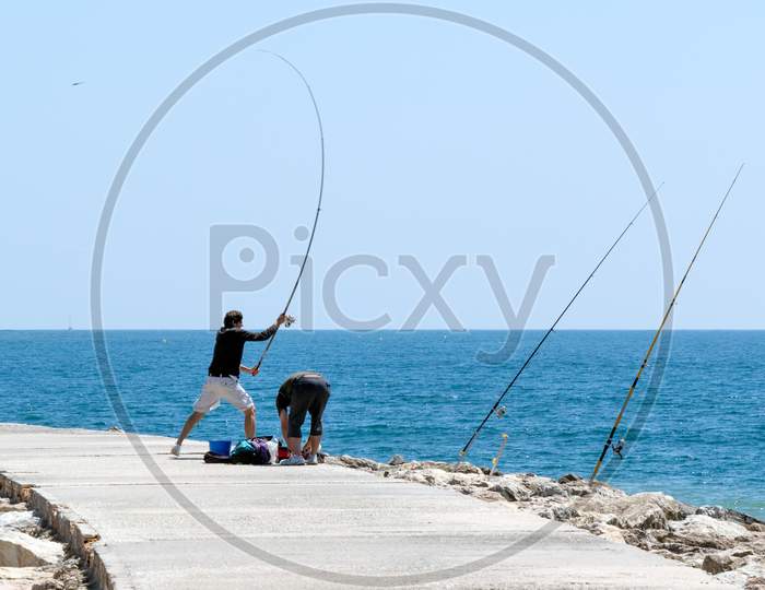 Cabo Pino, Andalucia/Spain - May 6 : Fishing At Cabo Pino. Malaga Province Andalucía Spain On May 6, 2014. Unidentified People.