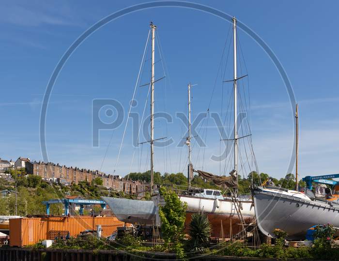 Bristol, Uk - May 14 : View Of Yachts Taken Out Of The River Avon In Bristol On May 14, 2019
