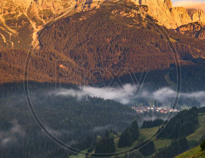Candide, Veneto/Italy - August 10 : Sunrise In The Dolomites At Candide, Veneto, Italy On August 10, 2020