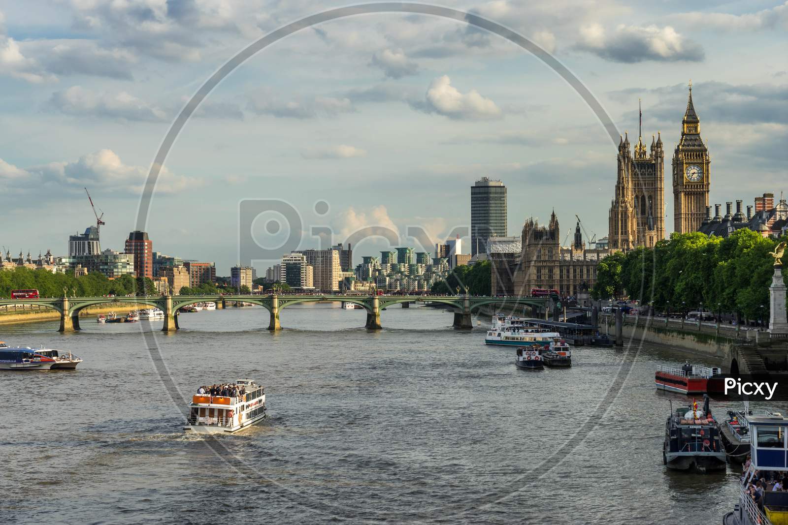 View Up The River Thames Towards Big Ben And The Houses Of Parliament