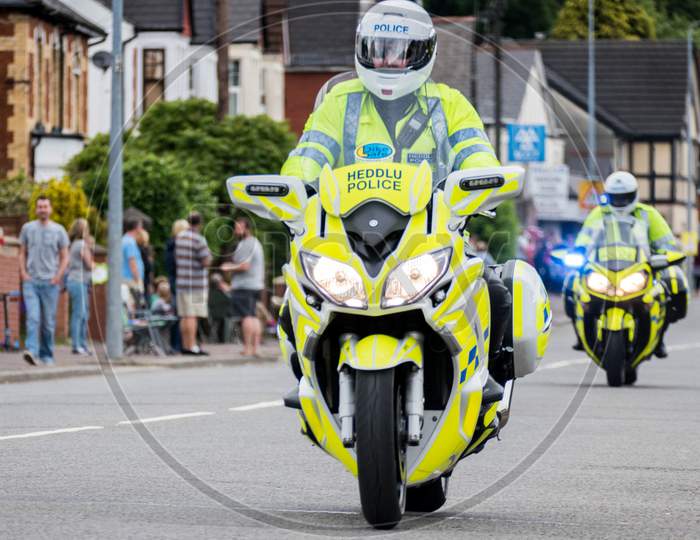 Police Motorcyclists At The Velothon Cycling Event In Cardiff Wales On June 14, 2015