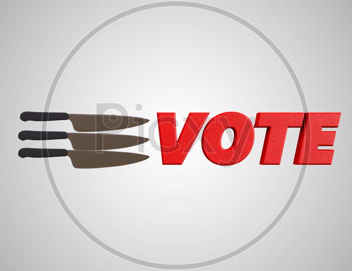 Vote Letters With Many Knives Demonstrating Protesting Elections Or Angry Voter Concept. 3D Illustration