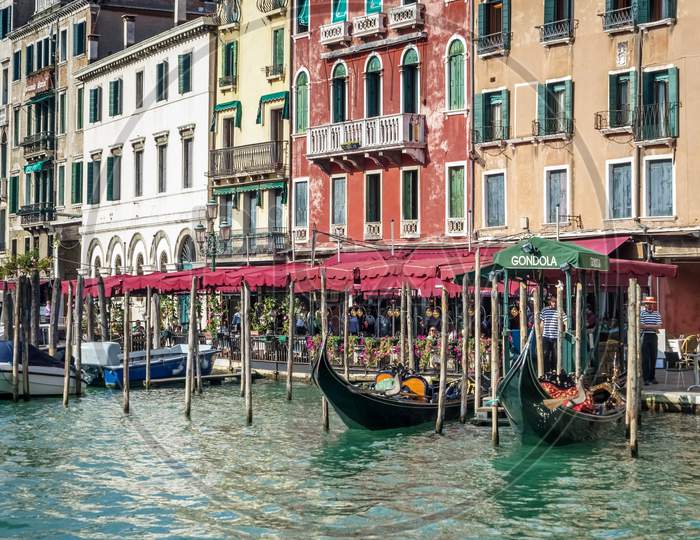Gondolas Moored In Venice