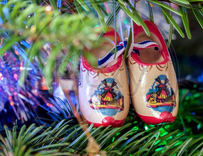 Pair Of Dutch Clogs On A Christmas Tree