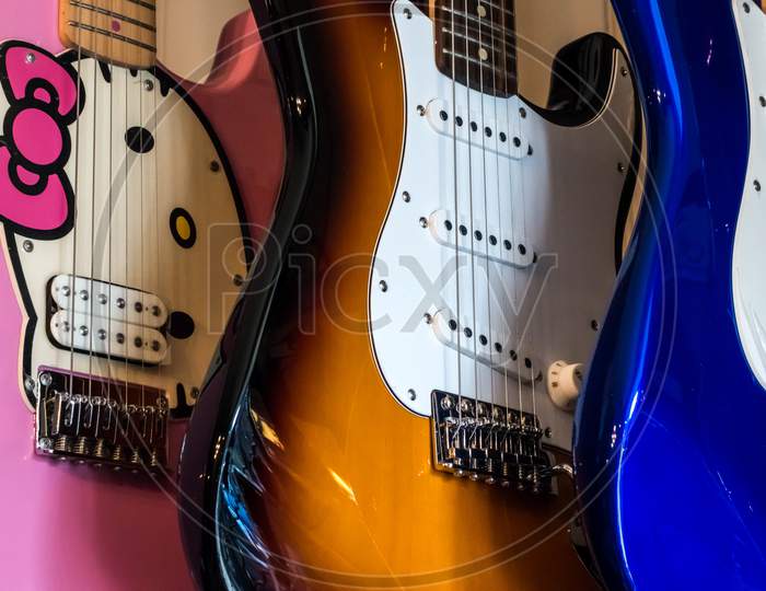 Electric Guitars On Display In A Music Shop