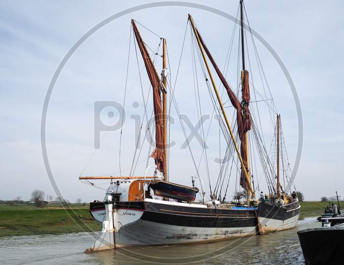 Faversham, Kent/Uk - March 29 : Close Up View Of The Cambria Restored Thames Sailing Barge In Faversham Kent On March 29, 2014. Unidentified People