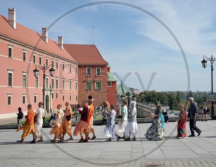 Buddhists Marching In The Old Market Square In Warsaw