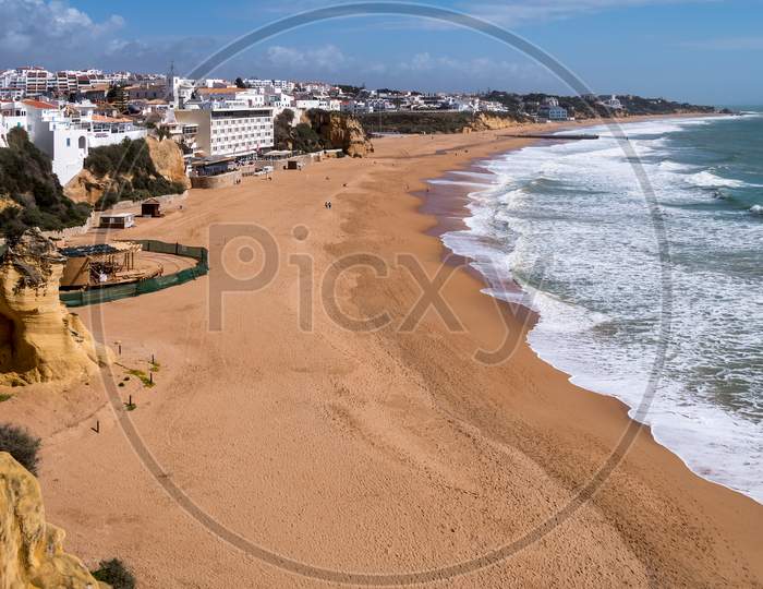 Albufeira, Southern Algarve/Portugal - March 10 : View Of The Beach At Albufeira In Portugal On March 10, 2018. Unidentified People