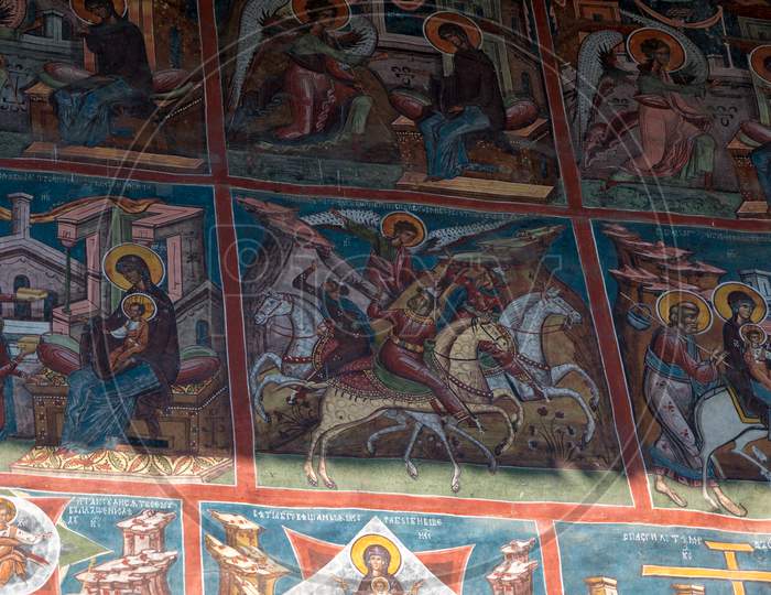Moldovita, Moldovia/Romania - September 18 : Frescos On The Exterior Of The Monastery In Moldovita In Moldovia Romania On September 18, 2018