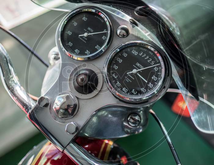 Dials On A Royal Enfield Motorcycle In The Motor Museum At Bourton-On-The-Water