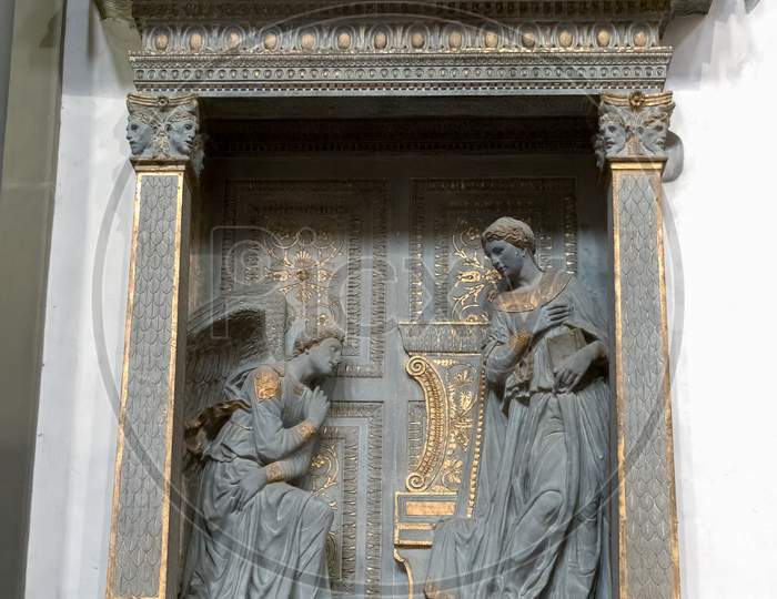 Florence, Tuscany/Italy - October 19 : Annunciation By Donatello In Santa Croce Church In Florence On October 19, 2019
