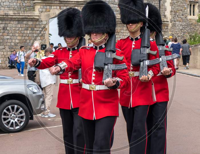 Windsor, Maidenhead & Windsor/Uk - July 22 : Coldstream Guards On Duty At Windsor Castle In Windsor, Maidenhead & Windsor On July 22, 2018. Unidentified People
