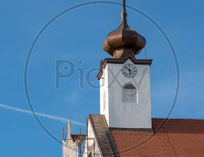 Bistrita, Transylvania/Romania - September 17 : Evening Sunshine On A Church Tower In Bistrita Transylvania Romania On September 17, 2018