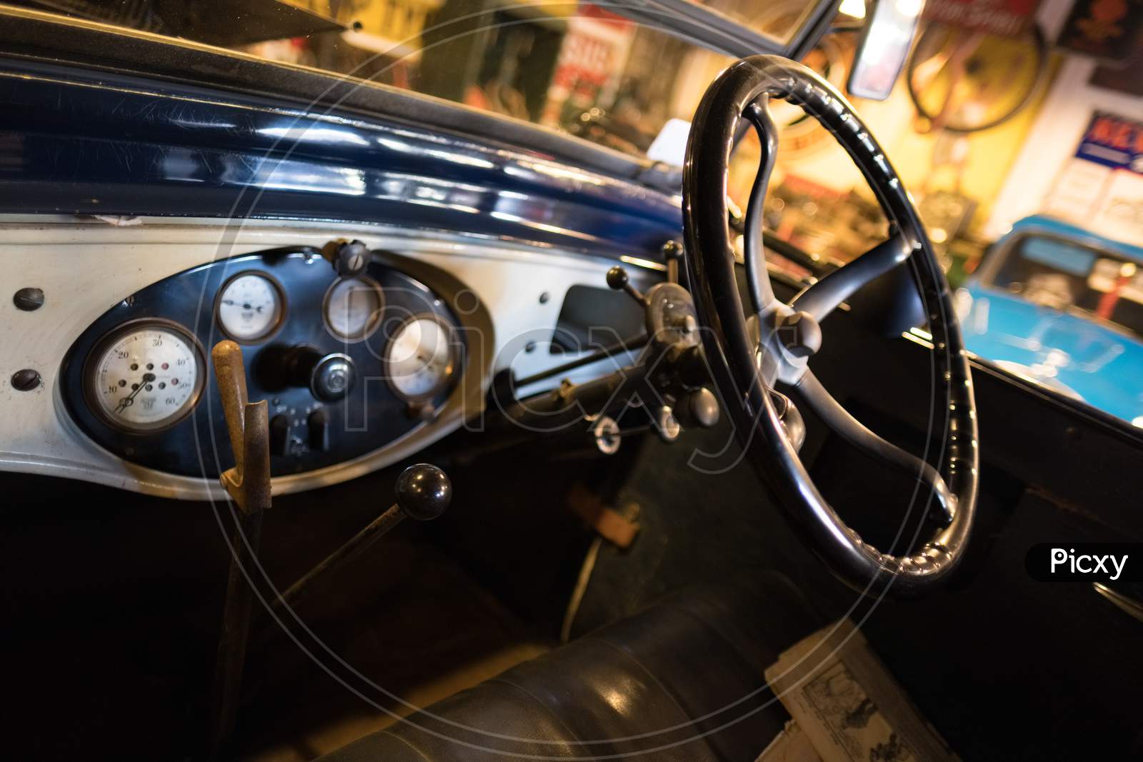 Cockpit Of An Old Car In The Motor Museum At Bourton-On-The-Water