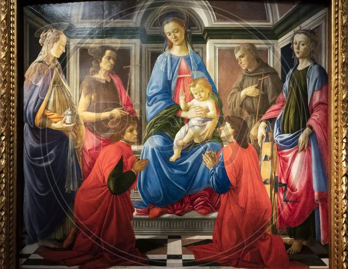 Florence, Tuscany/Italy - October 19 : Madonna And Child With St John The Baptist Painting In The Uffizi Gallery In Florence On October 19, 2019