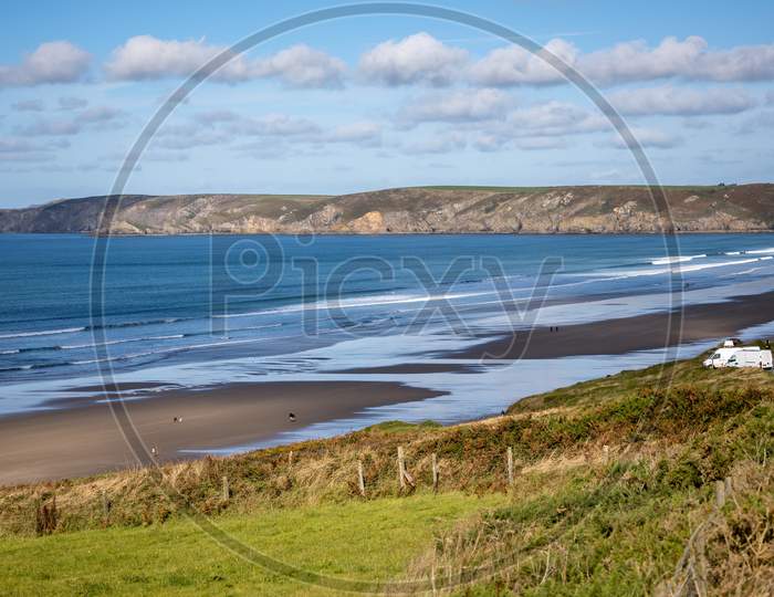 Newgale, Pembrokeshire/Uk - September 13 : View Of Newgale Beach In Pembrokeshire On September 13, 2019. Unidentified People