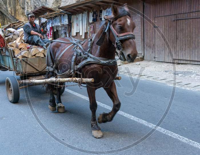 Bicaz Gorge, Moldovia/Romania - September 19 : Man With Horse And Cart At The Bicaz Gorge In Moldovia Romania On September 19, 2018
