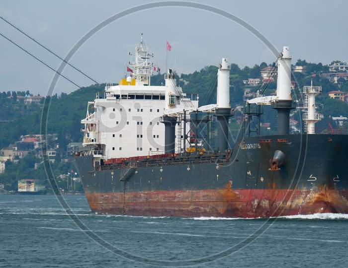 Istanbul, Turkey - May 24 : View Of A Ship Cruising Down The Bosphorus In Istanbul Turkey On May 24, 2018