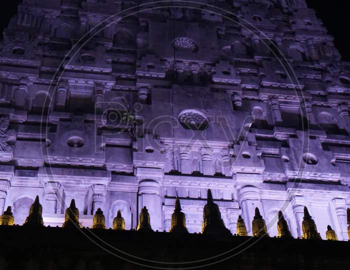 Close up of Artwork on the Mahabodhi stupa at Bodhgaya in night time