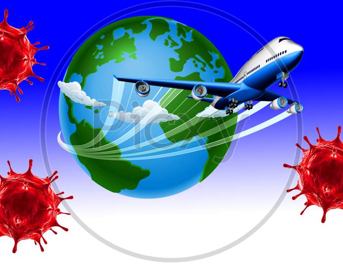 3D Corona virus, travel world, Airplane, world with colored background.