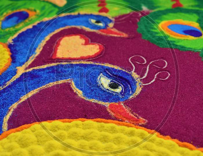 Closeup Shot Colorful Peacock Rangoli Design