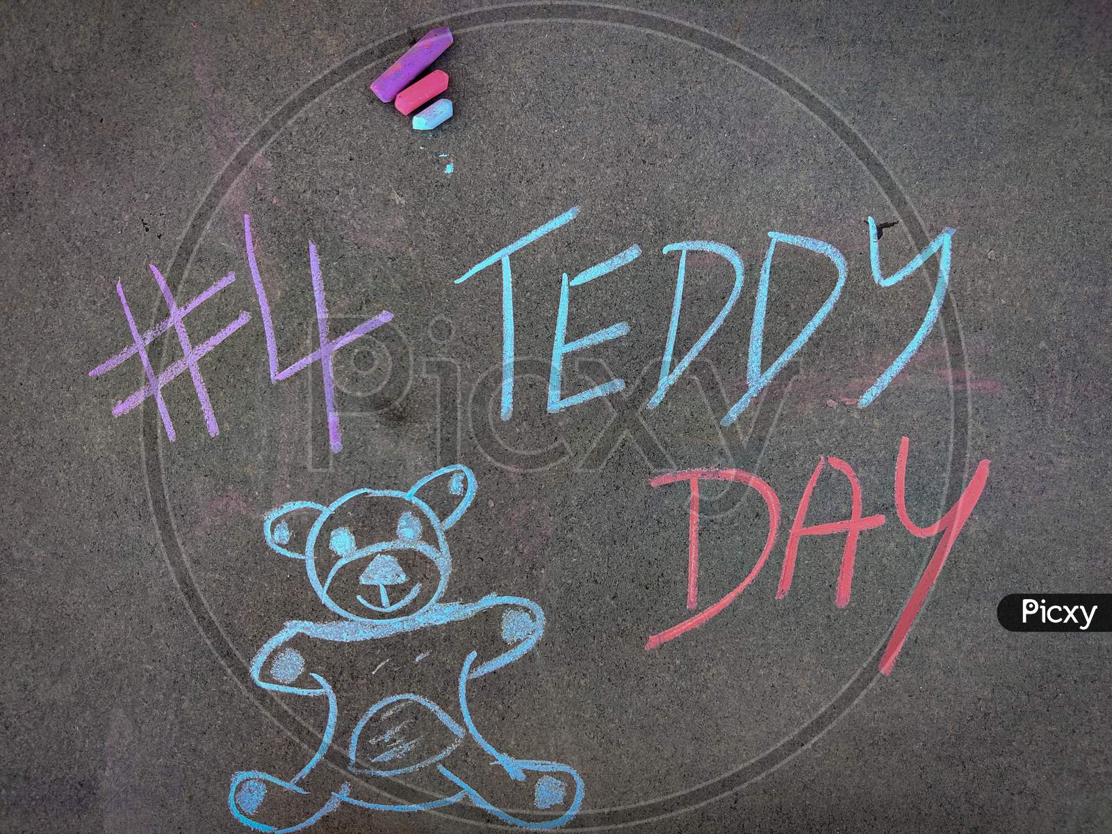 The Inscription Text On The Grey Board, #4 Teddy Day With Hand Drawn Teddy Bear . Using Color Chalk Pieces. Valentines Week