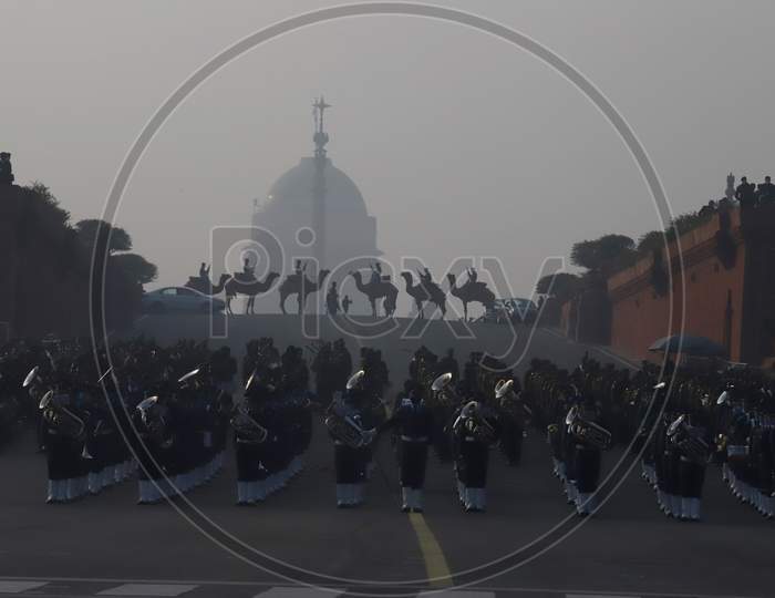 A rehearsal of Beating the Retreat  at Vijay Chowk in New Delhi on January 19, 2021