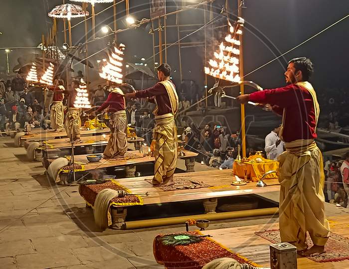 Banaras Ganga Arti rituals at ganga ghat performed by Hindu priests assi ghat arti banaras Dashashwamedh Ghat Varanasi Kashi Vishwanath