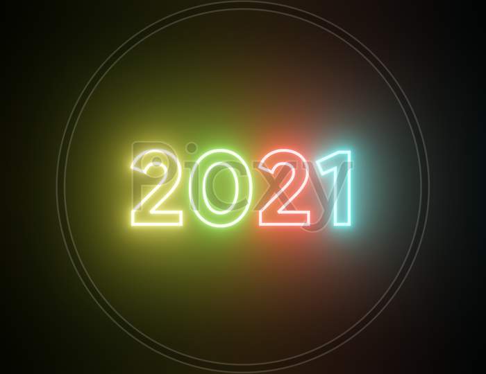 Colorful neon 2021 Happy New Year Neon banner. Realistic bright neon billboard on black background. Concept of holiday card with glowing text. 2021 Neon Text . 3d illustration rendering
