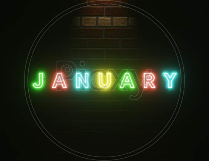 January text neon light colorful on brick wall texture . 3d illustration rendering . Neon symbol for January . Neon light effect text and wall brick texture simple and elegant