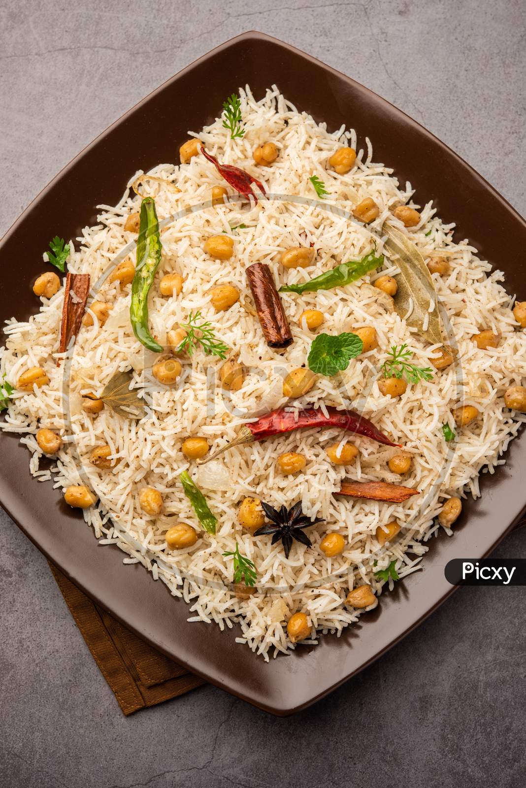 Indian Veg Chana Pulav Also Known As Chickpea Biryani, Pulav Or Pilaf