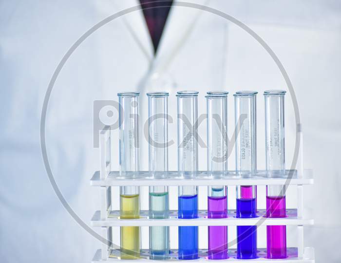 Test Tube With Color Solution. Test Tube In Chemistry Laboratory.