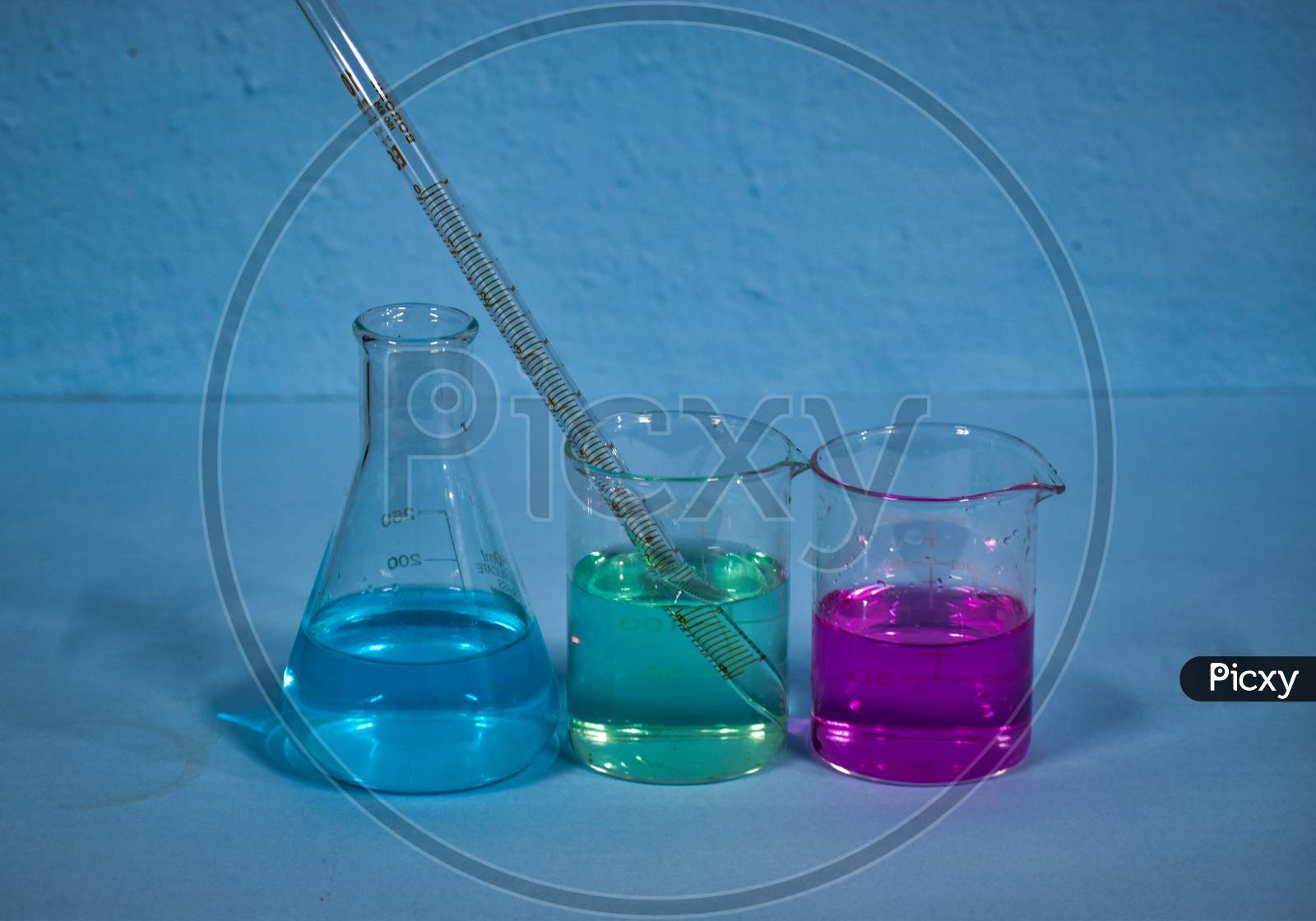 Color Solution In Chemistry Laboratory. Chemistry Lab Apparatus With Color Solution