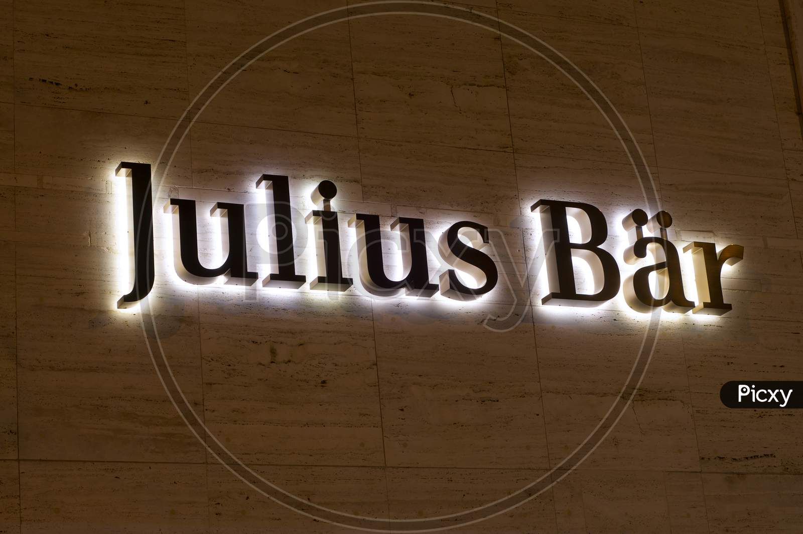 Luminous Julius Baer Bank Sign Hanging In Lugano, Switzerland