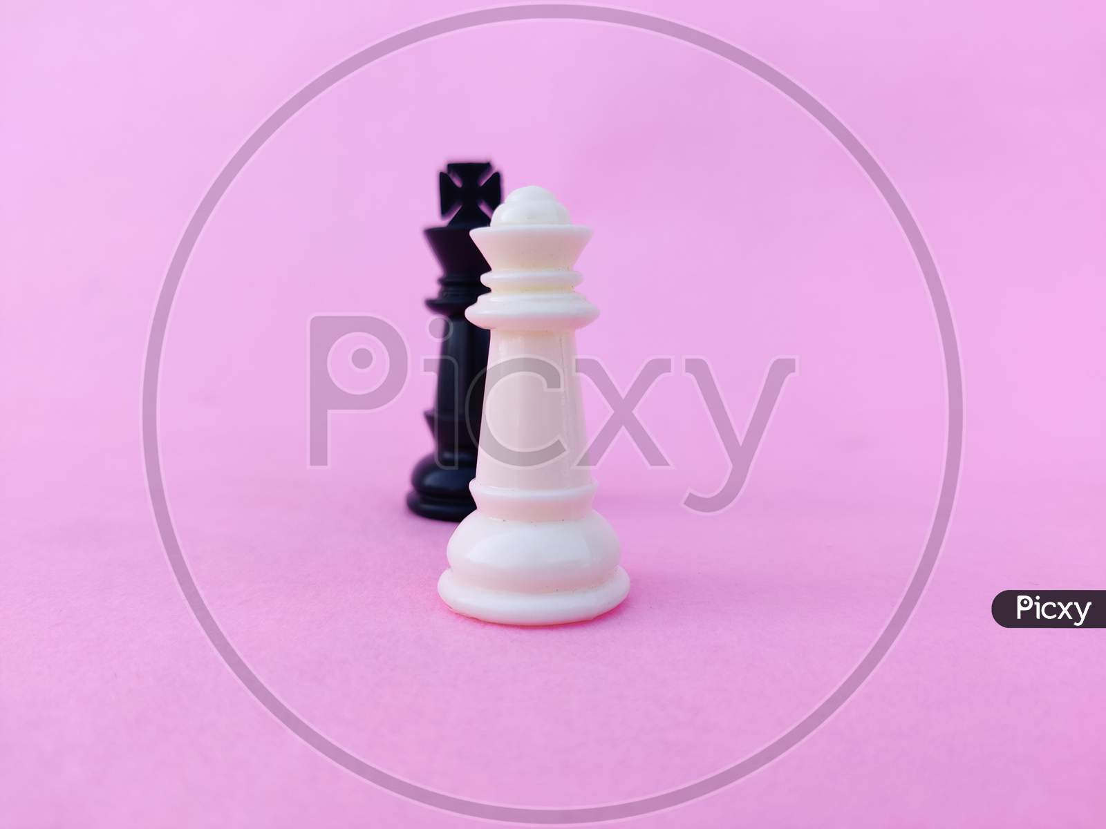 White Chess Queen And Black Chess King Facing Each Other. Isolated On Pink Background
