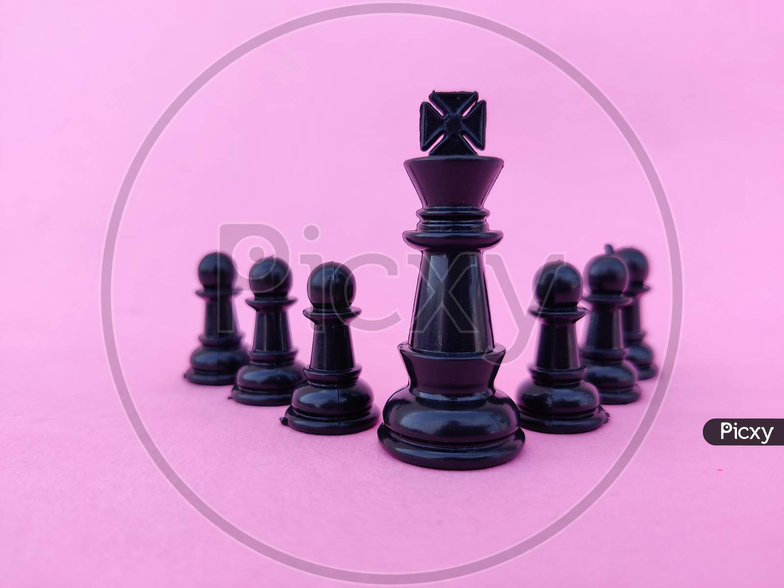 Chess Leadership Concept. Black Chess King With Black Chess Pawns. Isolated On Pink Background.