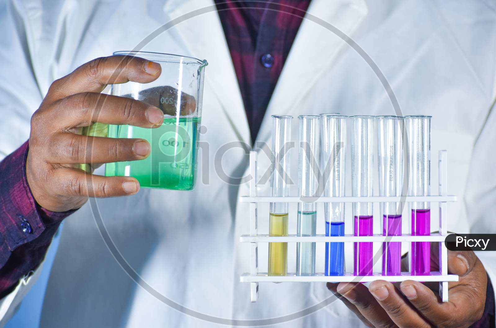Scientist Carry Color Liquid In Hand. Color Solution In Test Tube Stand