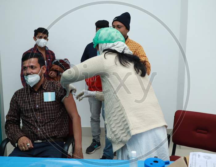 January 16 2021, Kishanganj, Bihar, India. A Doctor Wearing A Mask Undergoing Covishield Vaccination Against Covid 19 At Mgm Medical College, Kishaganj, Bihar