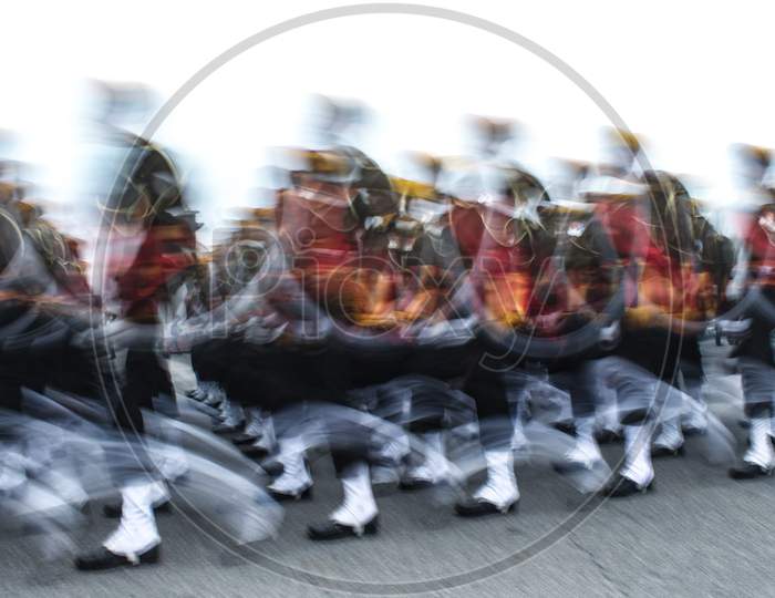 Army Battalion Marching On The Republic Day Parade Of India 2021 Captured In Slow Shutter Speed To Create Abstract Effect Of The Hands.