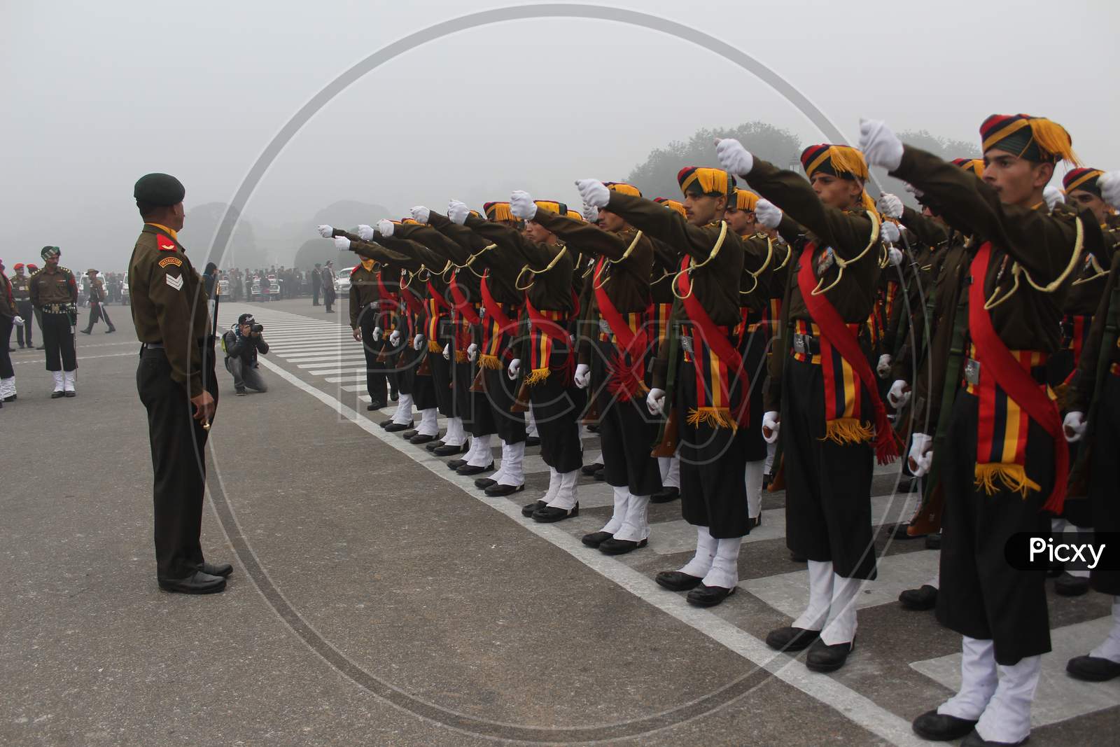Delhi, New Delhi, India- January 16 2021: Wide Angled Portrait Of A Police Man Rehersing For Republic Day Parade 2021 At India Gate. A Battalion Of Indian Army Rehearsing At India Gate In Winter.