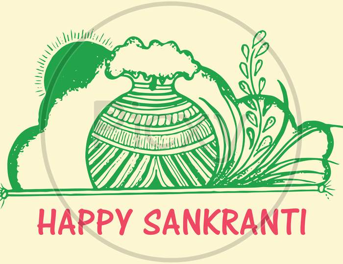 Sketch Of Outline Editable Illustration Of A Indian Traditional Harvest Festival Makara Sankranti Or Pongal Celebration With Making Sweets And Play With Cow As A Jallikattu In A Villages.