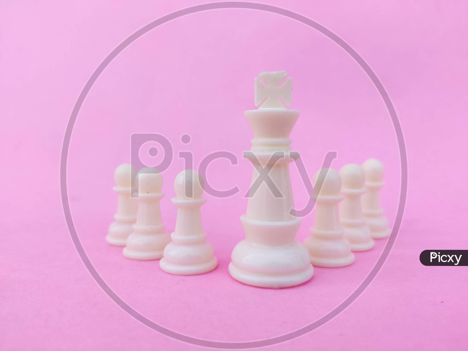 Chess Leadership Concept. White Chess King With White Chess Pawns. Isolated On Pink Background.