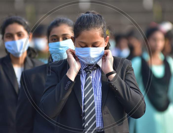 :A students wearing mask during the full dress rehearsals for the Republic Day parade in Nagaon District of Assam on Jan 24,2021.