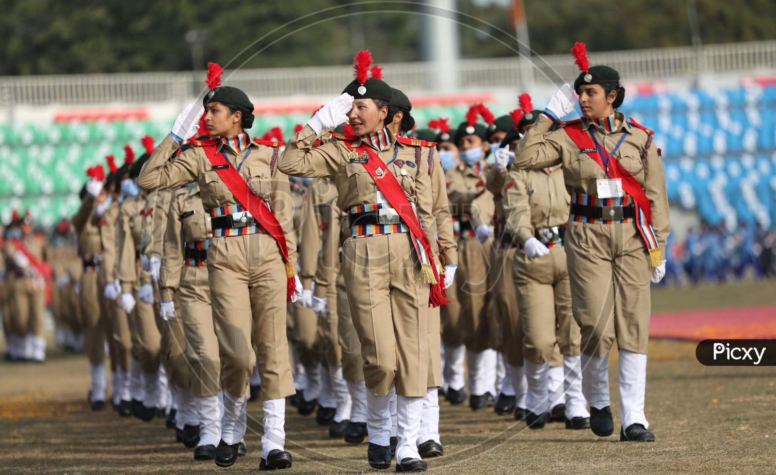 NCC contingent during the full dress rehearsals for the Republic Day parade at Molana Azad Stadium in Jammu on Sunday.24 Jan,2021.